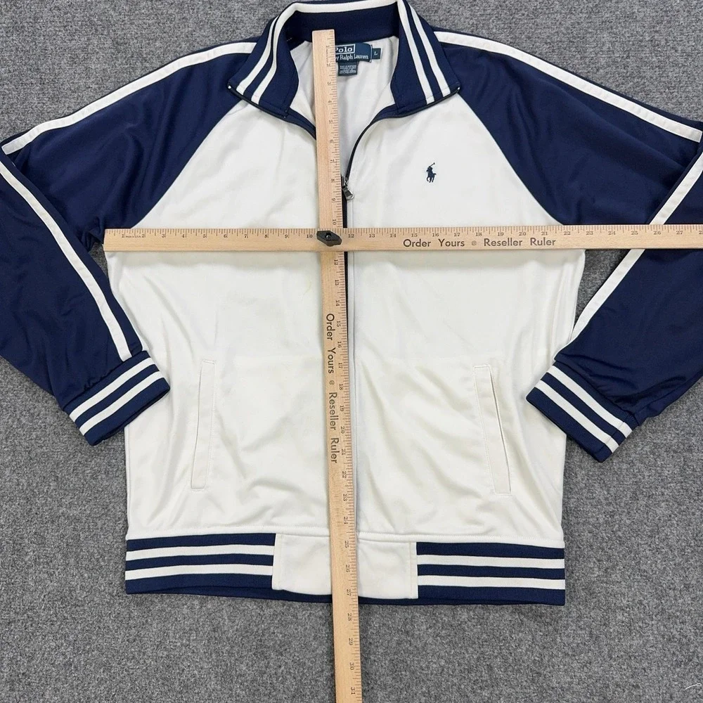 VTG Polo Ralph Lauren Track Jacket Mens L White Navy Full Zip Striped Colorblock